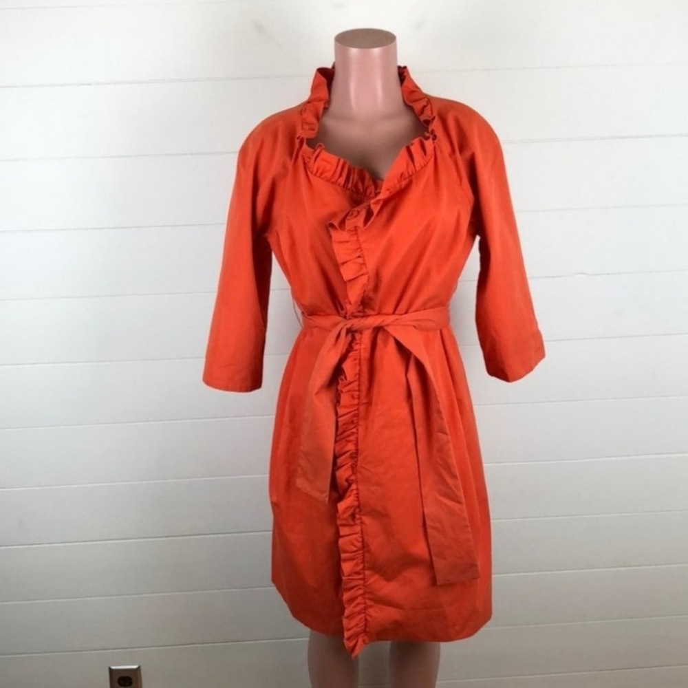 J.Crew Gayle Ruffle Trench orange belted 3/4 sleeve 90815 size 8